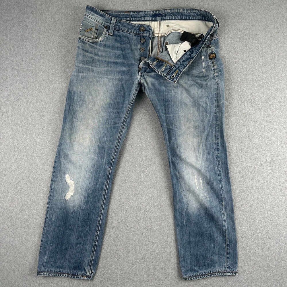 G-Star Raw Jeans Mens Blue GS BAW-01 Straight Leg Button Fly Distressed Denim